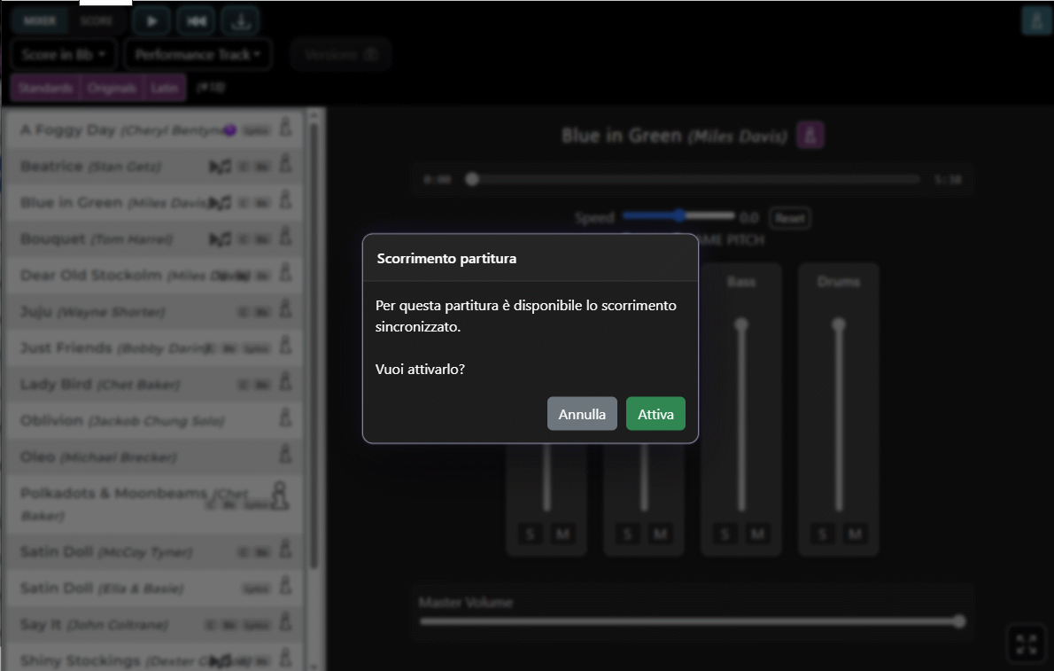 Popup per attivare lo scorrimento sincronizzato della partitura