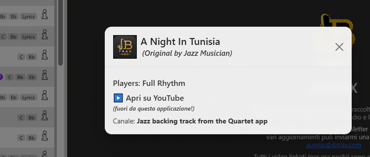 Popup informativo di un brano YouTube