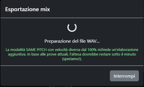 Popup Esportazione mix durante la preparazione del file WAV